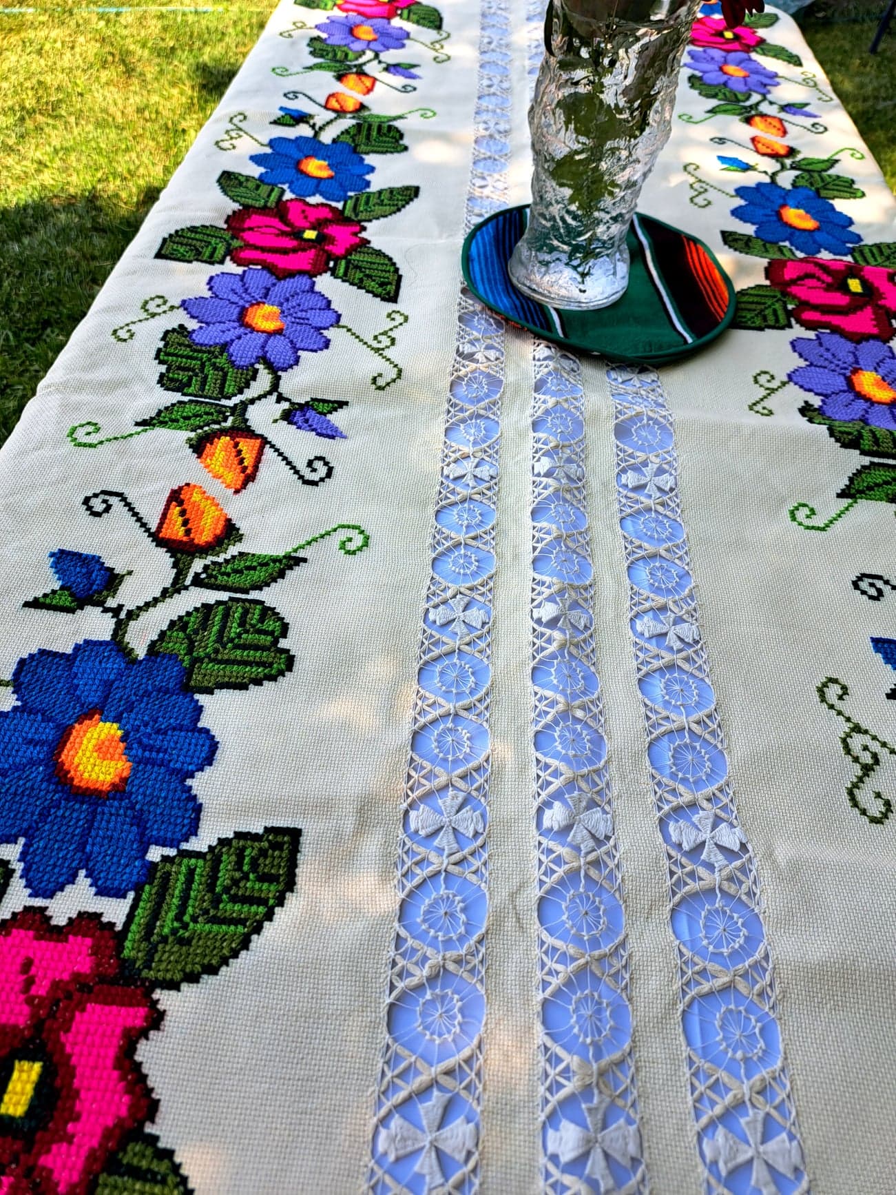 Embroidered Tablecloth with Cross Stitch Flowers